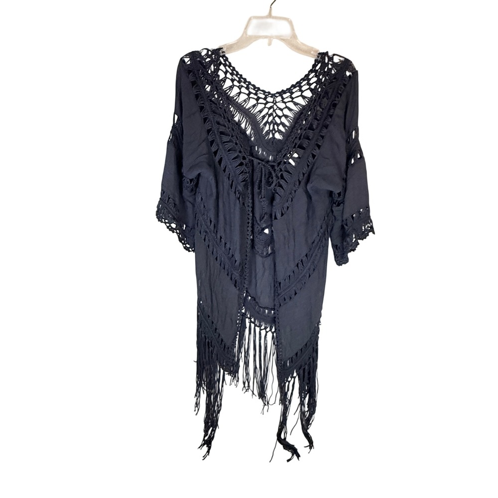 La Class Navy‎ Boho Crochet Fringe Tunic Kimono Cover Up Small Festival